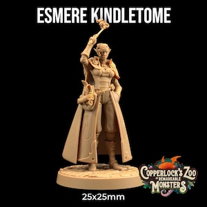 May include: A painted miniature figurine of a female elf wizard holding a staff. She is wearing a long robe with a scroll pouch and has a pointed hat. The base of the miniature is a round, textured surface with the text "Copperlock's Zoo of Remarkable Monsters" printed on it. The miniature is 25mm x 25mm.