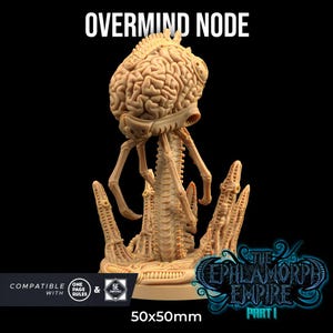 May include: A beige Overmind Node miniature, a creature with a brain-like head and multiple legs, is displayed against a black background. The base is 50x50mm. Text includes "OVERMIND NODE" and "THE CEPHLAMORPH EMPIRE PART I".