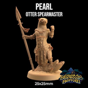 May include: A painted miniature figurine of a brown otter warrior holding a spear. The otter is wearing armor and a skirt. The figurine is standing on a round base with the text "Critterfolk of Bluewoods Barrow" and "25x25mm".