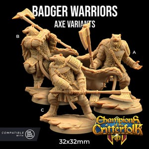 Badger Warrior Champions of the Critterfolk | The Dragon Trappers Lodge | 32mm Scale | Miniature TTRPG Mini DnD Dungeons Dragons Wargame