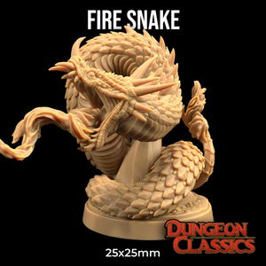 May include: A detailed miniature of a fire snake, a mythical creature with a scaly, serpentine body and a fierce expression. The miniature is painted in a warm, earthy tone and is posed in a coiled position, ready to strike. The miniature is 25mm x 25mm and is perfect for tabletop gaming.