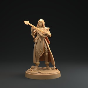 May include: A miniature figurine of an elf playing a lute. The elf is wearing a hooded cloak and has a detailed face. The lute is decorated with intricate carvings. The figurine is painted in a light brown colour.