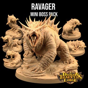 May include: A set of miniature plastic figures for tabletop gaming. The set includes a large, detailed Ravager monster with a toothy grin and a group of smaller, worm-like creatures. The figures are painted in a light brown color and are set against a black background. The text "Ravager Mini Boss Pack" is displayed above the figures. The text "The Dragon Trappers Lodge" is displayed below the figures.