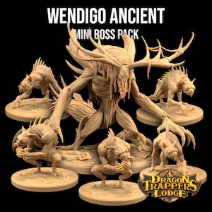 May include: A set of five miniature figures depicting a Wendigo Ancient, a mythical creature from Native American folklore. The figures are made of a light brown plastic and are detailed with intricate carvings. The set includes one large Wendigo Ancient figure and four smaller figures. The figures are all standing on circular bases. The set is labeled "Wendigo Ancient Mini Boss Pack" and "The Dragon Trappers Lodge".