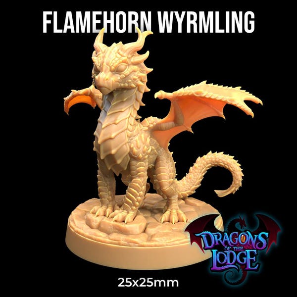 Flamehorn Wyrmling Dragons of the Lodge | The Dragon Trappers Lodge | 32mm Scale | Miniature TTRPG Mini DnD Dungeons Dragons Wargame