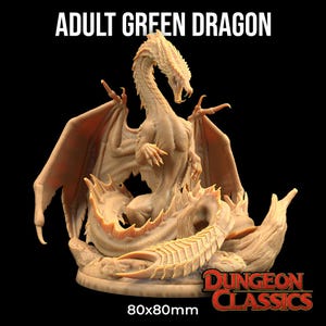 Puede incluir: Una miniatura detallada de un dragón verde adulto, pintado en color marrón claro, con las alas extendidas y una larga cola enroscada alrededor de su cuerpo. El dragón está en una postura defensiva, con las garras extendidas y la cabeza levantada. La miniatura está colocada sobre una base circular con el texto "Dungeon Classics" y "80x80mm" impreso en ella.