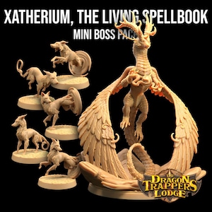 May include: A miniature dragon with feathered wings and a curled tail, standing on a base with the text "The Dragon Trappers Lodge".  The dragon is painted in a light brown color.  There are five smaller miniatures of foxes, also painted in a light brown color, on separate bases.