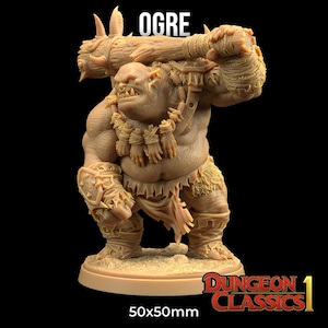 May include: A brown plastic miniature figurine of an ogre holding a club over its shoulder. The ogre is wearing a loincloth and has a fierce expression. The figurine is 50mm x 50mm and is labeled "OGRE" and "DUNGEON CLASSICS".