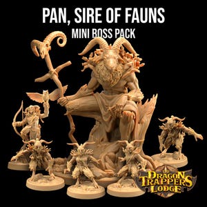 May include: A set of miniature figurines depicting Pan, the Greek god of the wild, and his fauns. The set includes a larger figurine of Pan sitting on a tree stump, holding a staff with an owl perched on it. There are four smaller fauns standing around Pan, each with unique poses and details. The set is labeled "Pan, Sire of Fauns Mini Boss Pack" and "The Dragon Trappers Lodge".