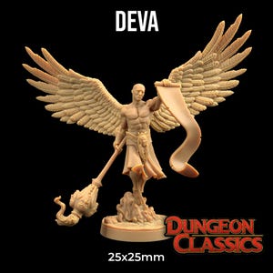 May include: A tan-colored figurine of a winged figure holding a scroll and staff. The figure is muscular and stands on a small base. The text "DEVA" is above the figure, and "DUNGEON CLASSICS" is below. The base measures 25x25mm.