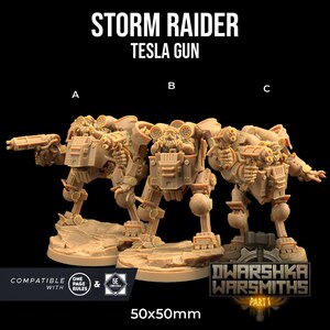 May include: Three beige miniature figures labeled A, B, and C, each depicting a mechanical warrior with a gun. The figures are on a brown surface, with the text "STORM RAIDER TESLA GUN" above them. The base is 50x50mm.