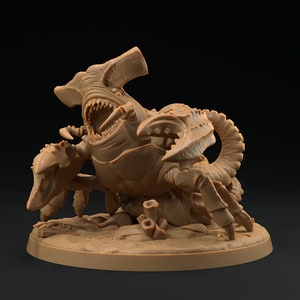 May include: A 3D printed miniature of a monstrous creature with the head of a hammerhead shark and the body of a crab. The creature has sharp teeth and claws, and is posed in an aggressive stance.
