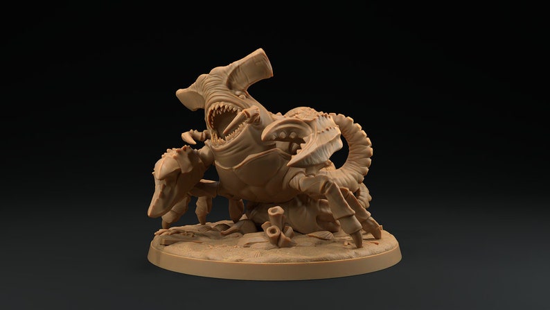 May include: A 3D printed miniature of a monstrous creature with the head of a hammerhead shark and the body of a crab. The creature has sharp teeth and claws, and is posed in an aggressive stance.