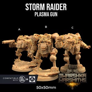 May include: Three beige Storm Raider Plasma Gun miniatures, labeled A, B, and C. The miniatures are on a 50x50mm base and are compatible with One Page Rules and 5E. The text "DWARSHKA WARSMITHS PART 1" is also visible.