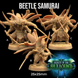 May include: Beige-colored Beetle Samurai figurines with swords, displayed in three different poses. The figurines are on a 25x25mm base. The text "BEETLE SAMURAI" is at the top of the image. The logo for "SECRETS OF THE SILKBOUND" is at the bottom right.