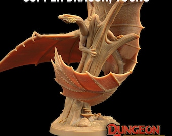 May include: A copper-colored dragon figurine, perched on a tree-like structure. The dragon has detailed wings and a textured body. The base is round, and the text "COPPER DRAGON, YOUNG" is at the top. The base dimensions are 50x50mm.