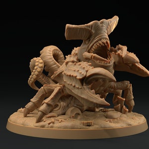 May include: A brown, detailed miniature of a monstrous creature with a shark head, crab claws, and an octopus tentacle. The creature is posed in a menacing stance with its mouth open, revealing sharp teeth.