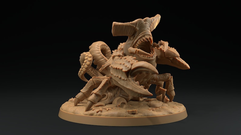 May include: A brown, detailed miniature of a monstrous creature with a shark head, crab claws, and an octopus tentacle. The creature is posed in a menacing stance with its mouth open, revealing sharp teeth.