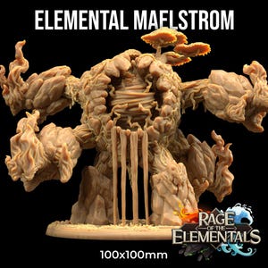 May include: A beige Elemental Maelstrom miniature figure, a fantasy creature with a rocky, tree-like appearance. The figure has a waterfall feature and measures 100x100mm. The text "Elemental Maelstrom" is at the top.