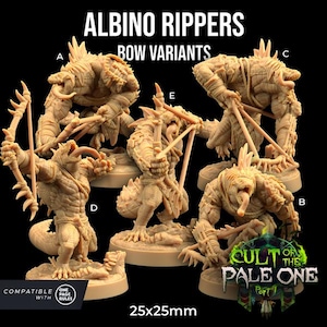 May include: Five 25mm scale miniature figures of albino rippers with different bow variations. The figures are made of plastic and are painted in a light brown color. The figures are posed in various action poses. The figures are compatible with one page rules.