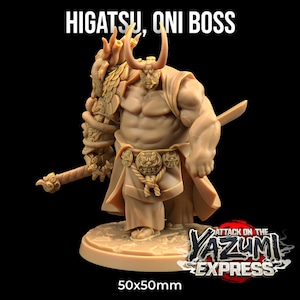 May include: A detailed, hand-painted miniature of a brown Oni boss figure, holding a staff and wearing a red and gold robe. The figure is labeled "Higatsu, Oni Boss" and "Attack on the Yazumi Express". The base is 50x50mm.