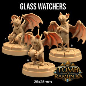 May include: Three beige cat-like figurines with bat wings, posed on circular platforms. The figurines are labeled A, B, and C. The text "GLASS WATCHERS" is at the top, and "THE TOMB OF RAMUN KA" is at the bottom. The base is 25x25mm.