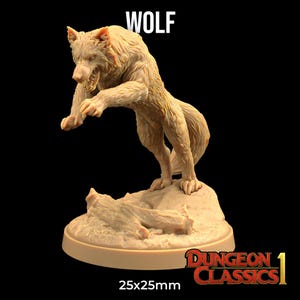 May include: A detailed beige wolf figurine in a dynamic pose, leaping from a rocky base. The word "WOLF" is above the wolf. The base measures 25x25mm. The Dungeon Classics 1 logo is in the bottom right corner.