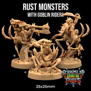 May include: Three 25mm miniature figures of goblin riders on rust monsters. The figures are made of a light brown plastic and are unpainted. The figures are posed in dynamic action poses. The figures are from the Scrapslap Goblin Tribes line.