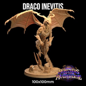 May include: A detailed miniature of a skeletal dragon with wings outstretched, standing on a circular base with a broken column. The miniature is painted in a light brown color and is labeled "Draco Inevitis" and "Monsters of the Multiverse". The base is 100x100mm.