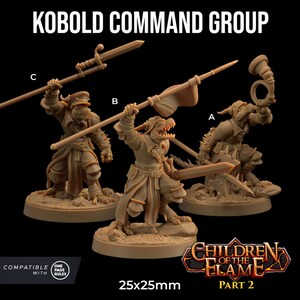 May include: Three 25mm miniature figures of kobolds, painted in brown and tan, with swords and spears. The figures are labelled A, B, and C. The figures are part of a set called "Children of the Flame, Part 2".