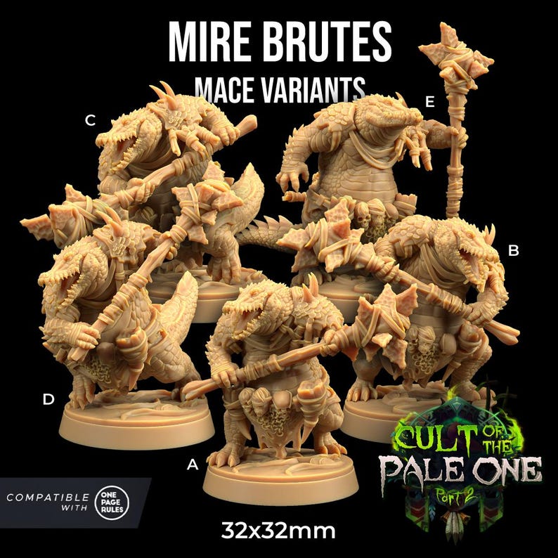May include: Five unpainted plastic miniatures of Mire Brutes, a type of creature from the Cult of the Pale One game. Each miniature is holding a different type of mace weapon. The miniatures are 32mm in size.