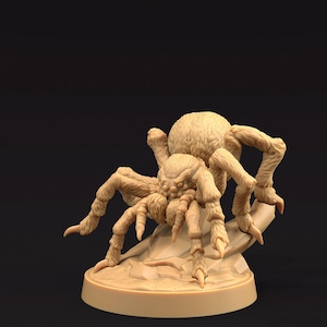 May include: A beige, three-dimensional spider figurine with detailed legs, body, and head. The spider is posed on a small, textured rock formation, mounted on a circular base. The figurine is likely made of resin or a similar material.