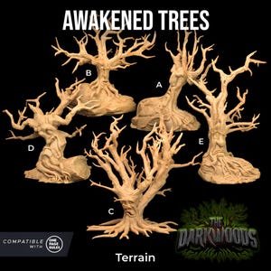 May include: Five miniature wooden trees with detailed faces and gnarled branches. The trees are labeled A through E. The text "Awakened Trees" is at the top of the image. The text "Terrain" is at the bottom of the image. The text "The Darkwoods" is in the lower right corner of the image.