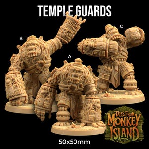 Puede incluir: Tres miniaturas beige de Guardianes del Templo, cada una con armadura detallada de estilo antiguo y una expresión severa. Las figuras están etiquetadas A, B y C. El texto "TEMPLE GUARDS" está en la parte superior. La base mide 50x50mm.