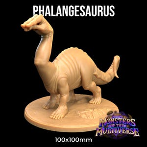 May include: A beige, hand-shaped dinosaur miniature with a long neck and tail. The miniature is standing on a brown base with the text "Monsters of the Multiverse" and "100x100mm".