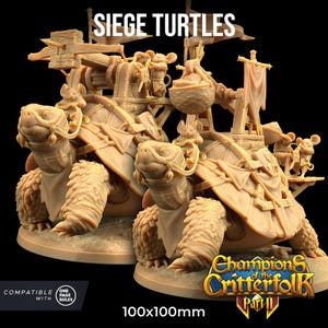 Puede incluir: Dos miniaturas de tortugas beige con detalles intrincados, que llevan un arma de asedio y una bandera. Las miniaturas son compatibles con el juego Champions of the Critterfolk Part II. La base de cada miniatura es de 100x100mm.