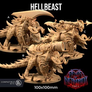 May include: Three detailed, unpainted, plastic miniatures of Hellbeasts, each with a different pose and weapon. The miniatures are 100x100mm and compatible with one-page rules. The miniatures are part of the Fiends of Incanorix Part 4 collection.