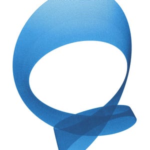 May include: Abstract art print showing a flowing, blue ribbon-like shape against a white background. The design uses layered lines and a gradient effect, creating depth and movement. The artwork is signed in the lower right corner.