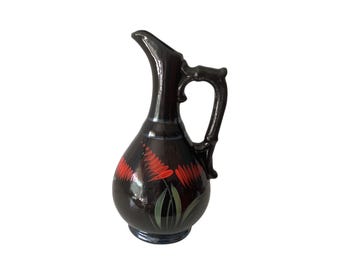 Vintage Japanese Black Vase/Pitcher with Red/Green Floral. Signed 10 inches tall