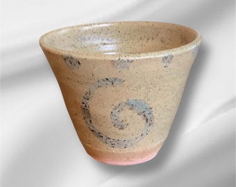 Vintage Studio Signed Pottery Bowl/Vase Tan with Blue Swirls/Dots Speckled Mud Hut