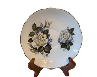 Regency Vintage Bone China Saucer/Plate Floral-White Roses Gold/Scalloped Rim