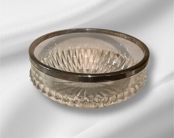Vintage Lead Clear Crystal Serving Bowl with Silver Plate Rim Stamped “ENGLAND”