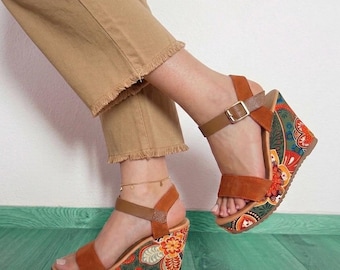Floral Women’s Wedges Euro Size 40/US 8 Heels with Ankle Straps Boho Platform Summer Sandals for Women Bright Colored Shoes Casual NWOT