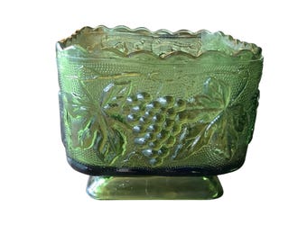 Vintage Indiana Glass Co Harvest Grape Green Footed Square Candy Dish