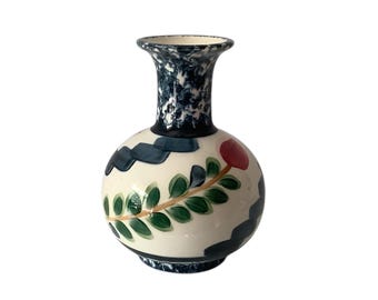 Ceramic Floral/Sponge Vase Signed P. Silkotch 1993 Blue/White/Green/Red