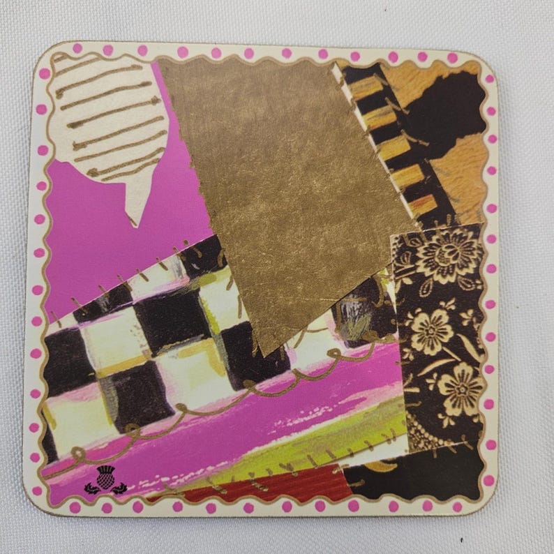 MacKenzie-Childs Set of 4 Collage Patchwork Cork Back Coasters Pink Polka Dot image 7