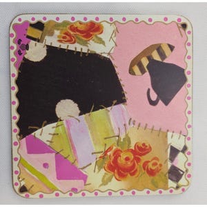 MacKenzie-Childs Set of 4 Collage Patchwork Cork Back Coasters Pink Polka Dot image 6