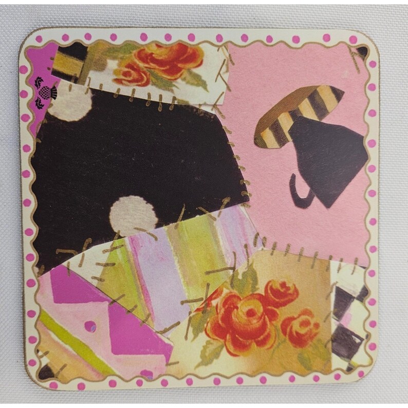 MacKenzie-Childs Set of 4 Collage Patchwork Cork Back Coasters Pink Polka Dot image 6
