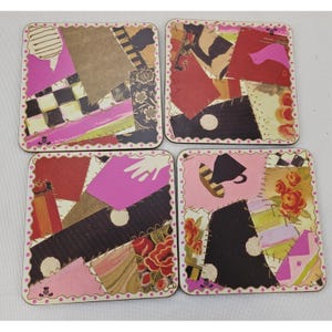 MacKenzie-Childs Set of 4 Collage Patchwork Cork Back Coasters Pink Polka Dot image 3