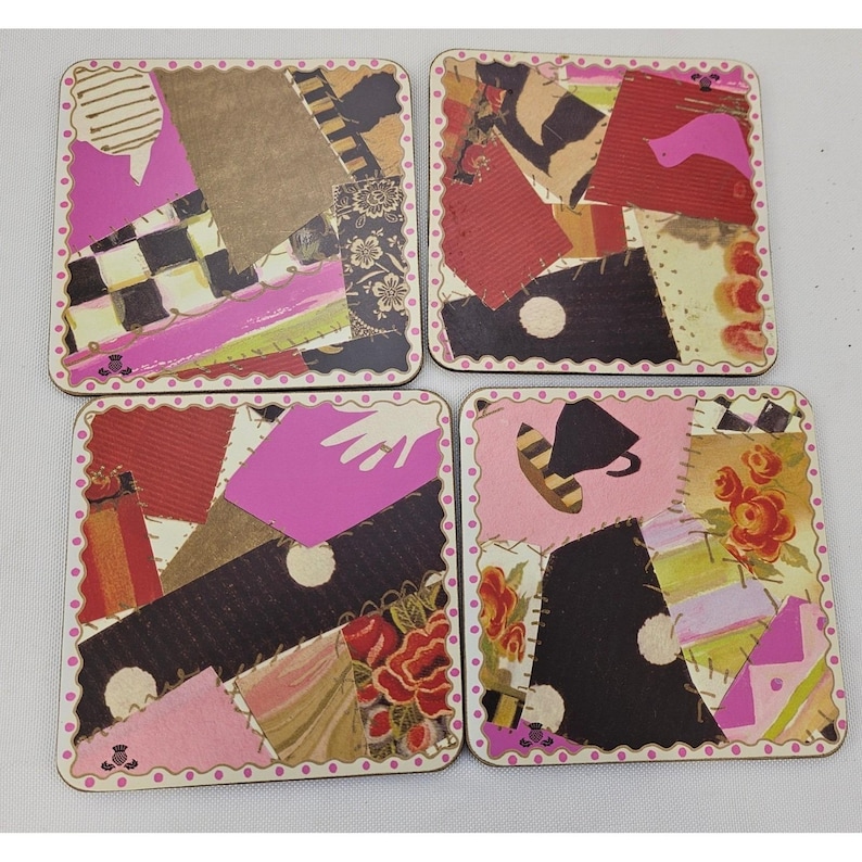 MacKenzie-Childs Set of 4 Collage Patchwork Cork Back Coasters Pink Polka Dot image 3